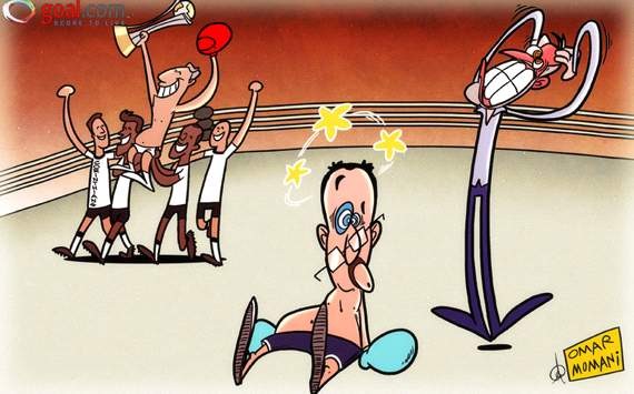 Biếm họa của Goal.com: HLV Rafael Benitez sững sờ và Chủ tịch Abramovich tức điên khi The Blues để Corinthians lên ngôi vô địch FIFA Club World Cup ngay trước mắt.